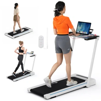Costway 3-in-1 Folding Treadmill With Large Desk And Lcd Display-white In Black