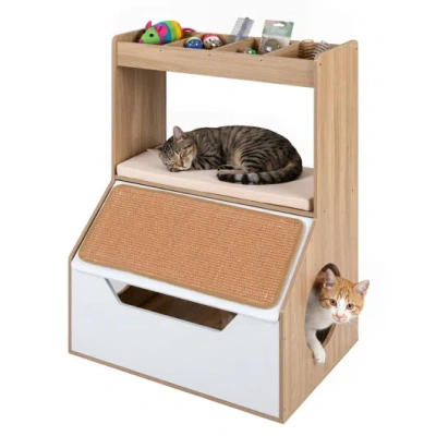 Costway 3-in-1 Hidden Cat House Cabinet With 4 Cubbies Removable Cushion And Scratching Pad-natrual In Brown