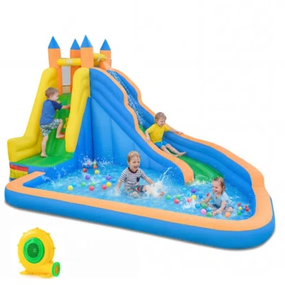 Costway 3-in-1 Inflatable Water Slide With Curved Slide And 680w Blower In Blue