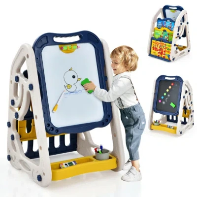 Costway 3-in-1 Kids Art Easel Double-sided Tabletop Easel With Art Accessories-blue In Animal Print