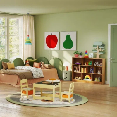 Costway 3-in-1 Kids Furniture: Kids Table Chairs Set + Bookshelf + White Play Kitchen Sets In Multi