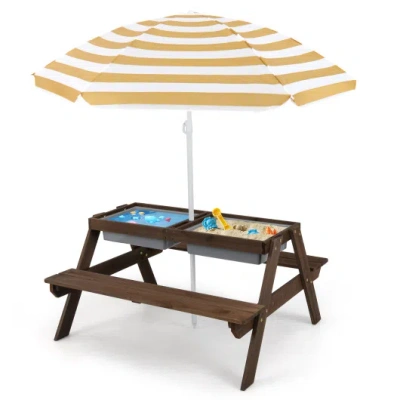 Costway 3-in-1 Kids Outdoor Picnic Water Sand Table With Removable Umbrella And Boxes-coffee In Multi