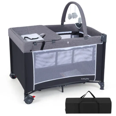 Costway 3-in-1 Portable Baby Crib And Playpen With Changing Table-gray In Blue