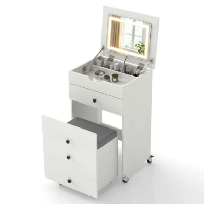 Costway 3-in-1 Small Vanity Desk Set With Flip-top Mirror And Lights With Drawers And Stool-white In Gray