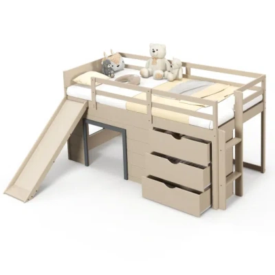 Costway 3-in-1 Twin Loft Bed With Slide Ladder Drawers For Kids Teens-beige In Multi