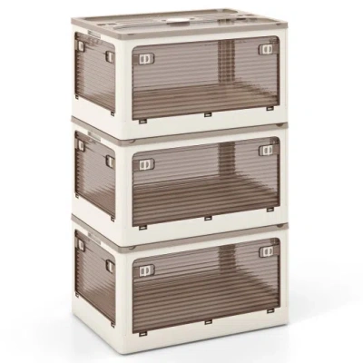 Costway 3-pack Stackable Storage Bins With Lids With 5 Opening Ways-11.5 Gal In Brown