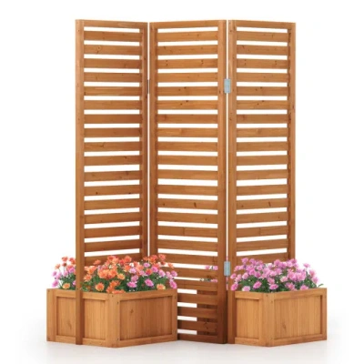 Costway 3-panel Solid Wood Frame Freestanding Garden Fence With 2 Self-draining Planter Boxes-yellow In Brown