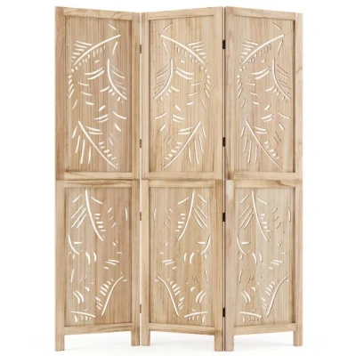 Costway 3-panel Wooden Room Divider With Palm Leaf Design & Paulownia Frame For Home In Brown