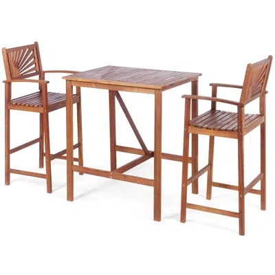 Costway 3pcs Bar Set Acacia Wood Bar Height Patio Bistro Dining Set Outdoor In Brown
