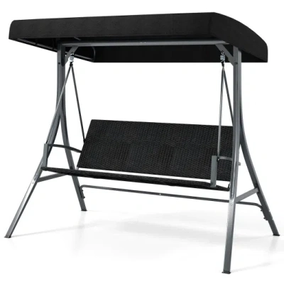 Costway 3-person Porch Swing With Stand Outdoor Canopy Swing With Rattan Seat Back-black