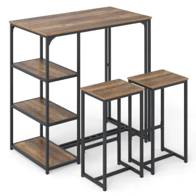Costway 3-piece Bar Table Set For 2 Bar-height Dining Table With 2 Stools-rustic Brown
