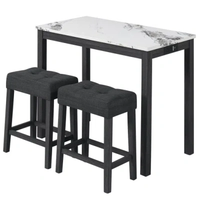 Costway 3-piece Bar Table Set With Charging Station And Faux Marble Top-white In Black