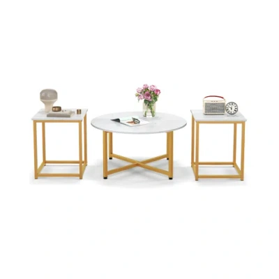 Costway 3-piece Coffee Table Set Round Coffee Table And 2pcs Square End Tables-white And Gold