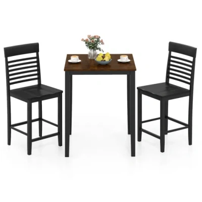 Costway 3-piece Counter-height Dining Table Set For 2 With Rubber Wood Frame And Footrest-black