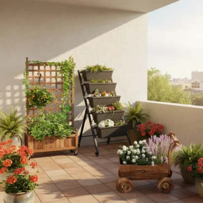 Costway 3-piece Decorative Garden Ensemble: Mobile Planters For A Lush Oasis In Brown