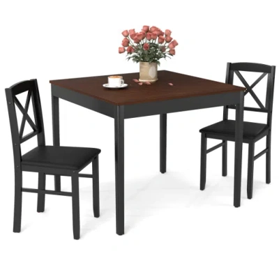 Costway 3-piece Dining Table Set Wooden Square Kitchen Table For 2 People-brown In Black
