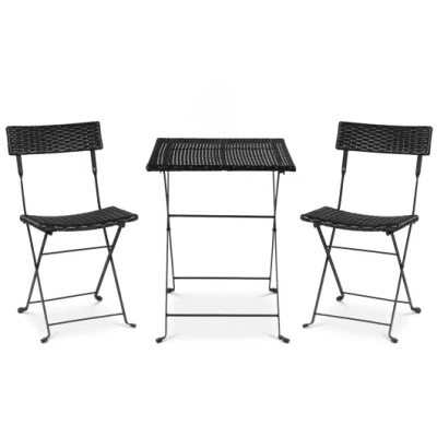 Costway 3-piece Folding Bistro Set With Pe Wicker And X-shaped Metal Frame-black