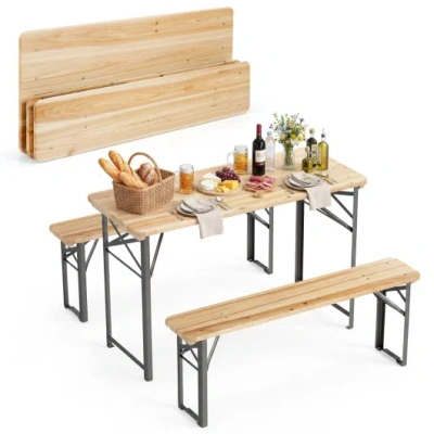 Costway 3-piece Folding Picnic Table With Benches Fir Wood Portable Bear Camping Set-natural In Brown