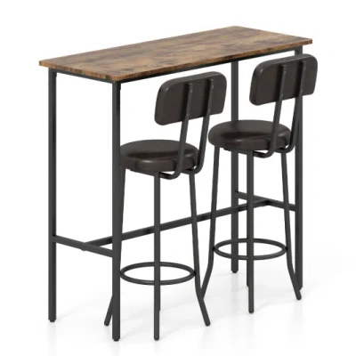 Costway 3-piece Industrial Bar Table Set With 2 Upholstered Stools And Footrests For Dining Room-rustic Brow In Black