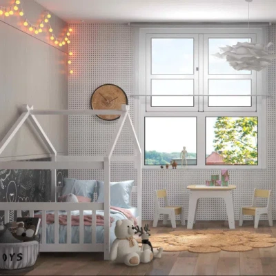 Costway 3-piece Kid's Room Bundle: Twin Size Wooden House Bed + Kid's Table And Chairs Set + Kids 2-shelf Bo In Gray