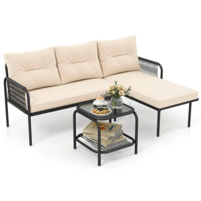 Costway 3-piece L Shaped Patio Furniture Set Pe Rattan Sectional Sofas-beige In Pink