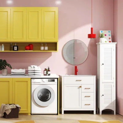 Costway 3-piece Laundry Room Bundle: Single Bathroom Vanity + Tall Bathroom Floor Cabinet + 2.6 Cu.ft Compac In Yellow