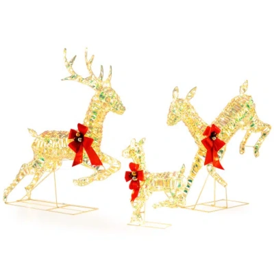 Costway 3-piece Lighted Christmas Reindeer Family With Led Lights And Bows In Gold