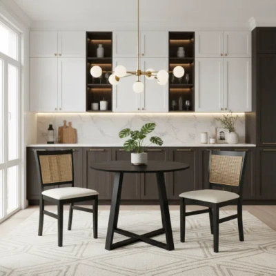 Costway 3-piece Mid-century Dining Set With 36" Round Pedestal Table And 2 Farmhouse Rattan Dining Chairs In Multi