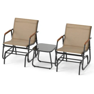Costway 3-piece Outdoor Glider Bistro Set With Tempered Glass Top And Metal Frame-coffee In Brown