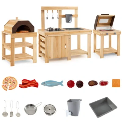 Costway 3-piece Outdoor Kitchen Set Mud Kitchen With Separate Bbq Grill And Pizza Oven-natural