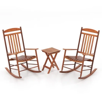 Costway 3-piece Outdoor Poplar Wood Rocking Bistro Set-natural In Brown