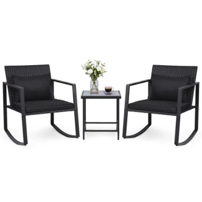 Costway 3-piece Outdoor Rocking Bistro Set With Soft Cushions And Tempered Glass Table-dark In Black
