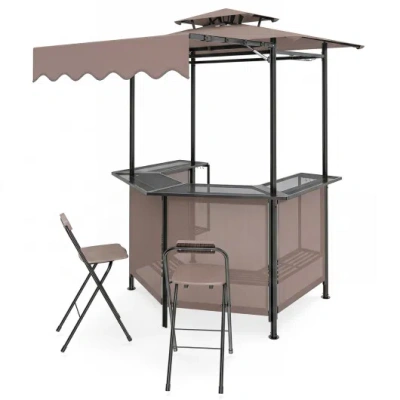 Costway 3-piece Patio Bar Set Outdoor Grill Gazebo And 2 Folding Bar Stools-brown