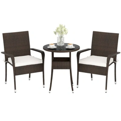 Costway 3-piece Patio Furniture Set Pe Rattan Wicker Chairs With Tempered Glass Top Table-white In Brown