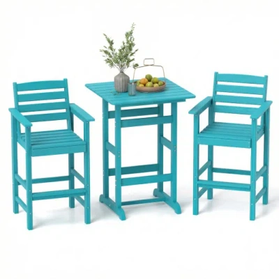 Costway 3-piece Patio Hdpe Bar Set With Square High-top Table For Backyard And Poolside-turquoise In Blue