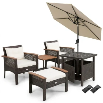Costway 3-piece Patio Lounge Bundle With 5-piece Pe Rattan Conversation Set, Wicker Umbrella Side Table & 7. In Black