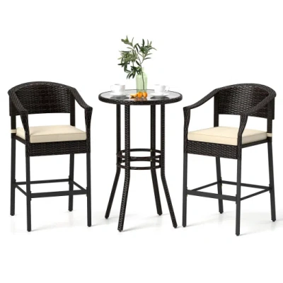 Costway 3-piece Patio Rattan Bar Set With Tempered Glass Top For Backyard Poolside-brown In Black