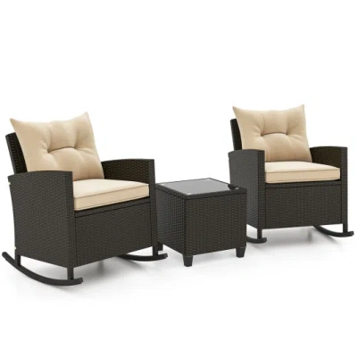 Costway 3-piece Patio Rattan Roker Chairs With Tempered Glass Table And Soft Cushions-beige In Black