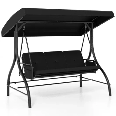 Costway 3-piece Patio Swing With Canopy Removable Cushions And Side Pockets-black