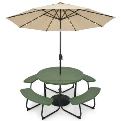 Costway 3-piece Round Picnic Table Set With 10ft Solar Led Tilt Umbrella And Base For Patio Backyard In Multi