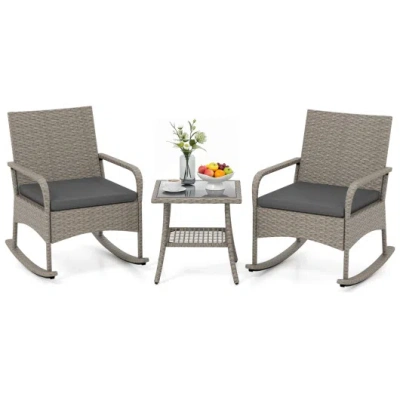 Costway 3-piece Wicker Rocking Bistro Set With Cushions For Garden Backyard Porch-gray