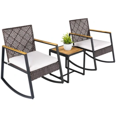 Costway 3-piece Wicker Rocking Chair Set With Coffee Table And Cushions For Porch-beige In Multi