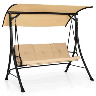 Costway 3-seat Outdoor Porch Swing With Adjustable Canopy And Padded Cushions-beige In Multi