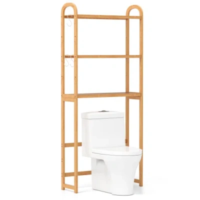 Costway 3-tier Bamboo Bathroom Floor Organizer With 5-position Shelves And 3 Hooks-natural In Brown