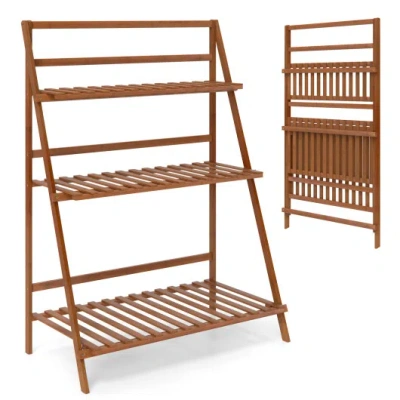 Costway 3-tier Bamboo Ladder Shelf Foldable Plant Flower Bookshelf-brown