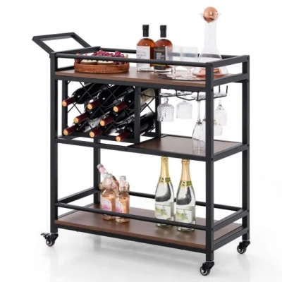 Costway 3-tier Bar Cart On Wheels Home Kitchen Serving Cart With Wine Rack And Glasses Holder-brown In Black