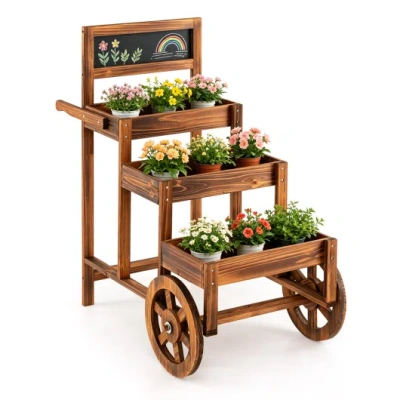 Costway 3-tier Carbonized Fir Wood Plant Display Stand Wooden Dessert Candy Cart-brown