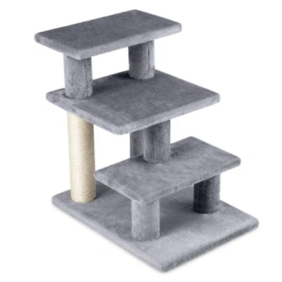Costway 3-tier Cat Stairs 19 Inch Plush Steps With Scratching Posts For High Bed Sofa-gray