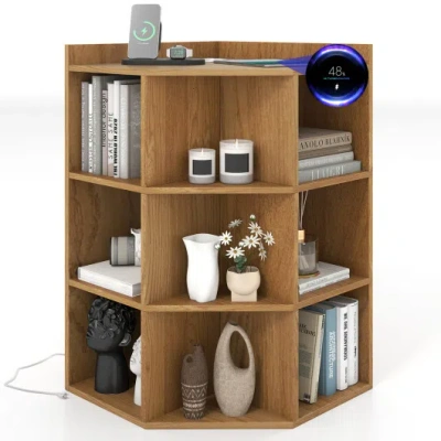 Costway 3-tier Corner Cabinet With Charging Station For Bedroom-natural In Animal Print
