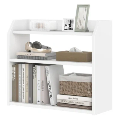 Costway 3-tier Desktop Bookshelf Wooden Countertop Bookcase With Raised Top Guardrails-white In Multi